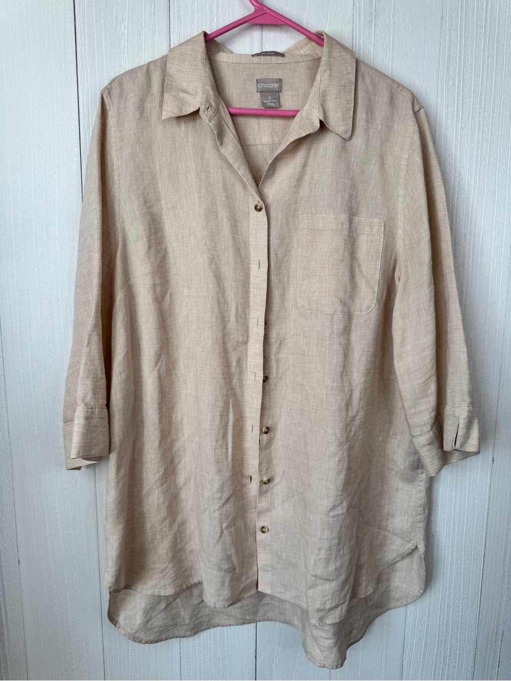Chico’s Linen Button-Up 3/4 Sleeve Tunic Shirt 16/18